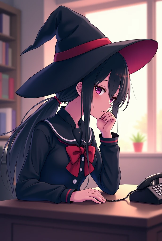 (ponytail forehead hair pulled back:1.3),( black hair:1.3) anime girl in a witch hat sitting on a desk with a telephone, anime style, from girls frontline, fine details. girls frontline, girls frontline universe, girls frontline style, girls frontline, girls frontline cg, 2 0 2 2 anime style, 2022 anime style, pixiv contest winner, concept art 2022, sylvia from spy x family,