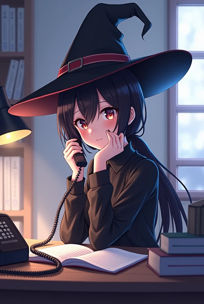 (ponytail forehead hair pulled back:1.3),( black hair:1.3) anime girl in a witch hat sitting on a desk with a telephone, anime style, from girls frontline, fine details. girls frontline, girls frontline universe, girls frontline style, girls frontline, girls frontline cg, 2 0 2 2 anime style, 2022 anime style, pixiv contest winner, concept art 2022, sylvia from spy x family,