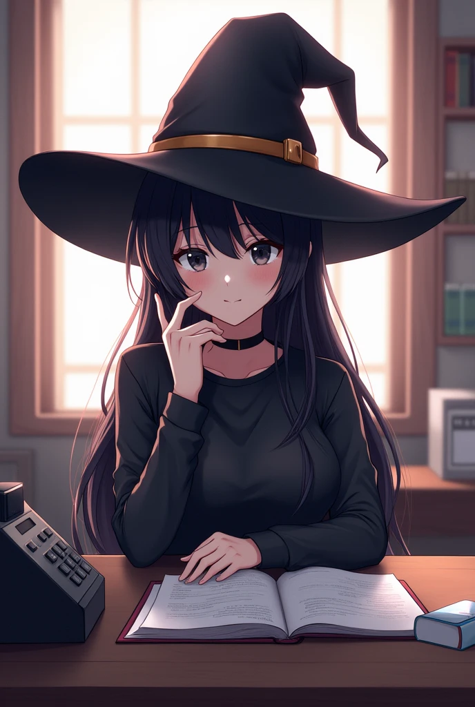 (ponytail forehead hair pulled back:1.3),( black hair:1.3) anime girl in a witch hat sitting on a desk with a telephone, anime style, from girls frontline, fine details. girls frontline, girls frontline universe, girls frontline style, girls frontline, girls frontline cg, 2 0 2 2 anime style, 2022 anime style, pixiv contest winner, concept art 2022, sylvia from spy x family,
