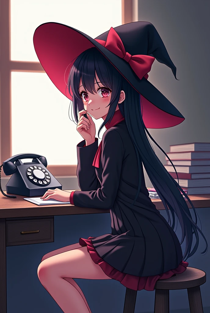 (ponytail forehead hair pulled back:1.3),( black hair:1.3) anime girl in a witch hat sitting on a desk with a telephone, anime style, from girls frontline, fine details. girls frontline, girls frontline universe, girls frontline style, girls frontline, girls frontline cg, 2 0 2 2 anime style, 2022 anime style, pixiv contest winner, concept art 2022, sylvia from spy x family,