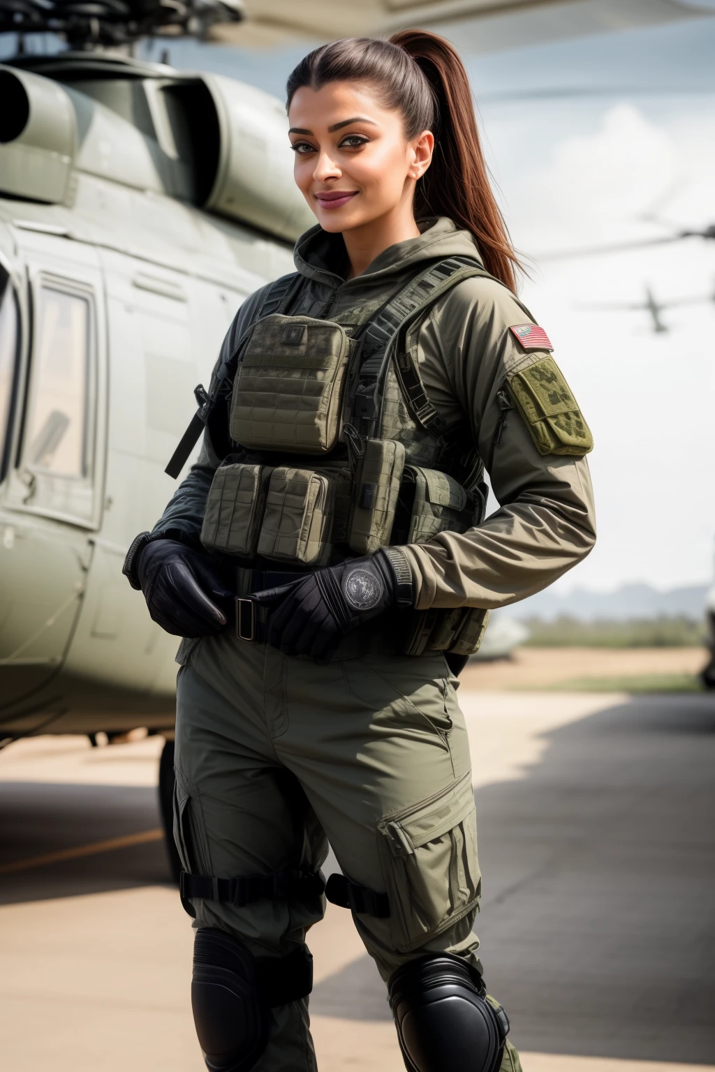 Full body photo of 50YO MILF AISHWARYA RAI as ARMY LADY, WEARING FULL ARMY GEAR, COMBAT BOOTS, COMBAT GLOVES, KNEEPADS, CAMO PLATE CARRIER RIG, intricate details, depth of field, standing next to army helicopter, ((MOCKING SMILE)), PONYTAIL TIED HAIR, day scene, mature hourglass figure, look straight at camera, sexy 50 yo mature MILF, soft volumetric lights, intricate details, (ArtStation:1.2)