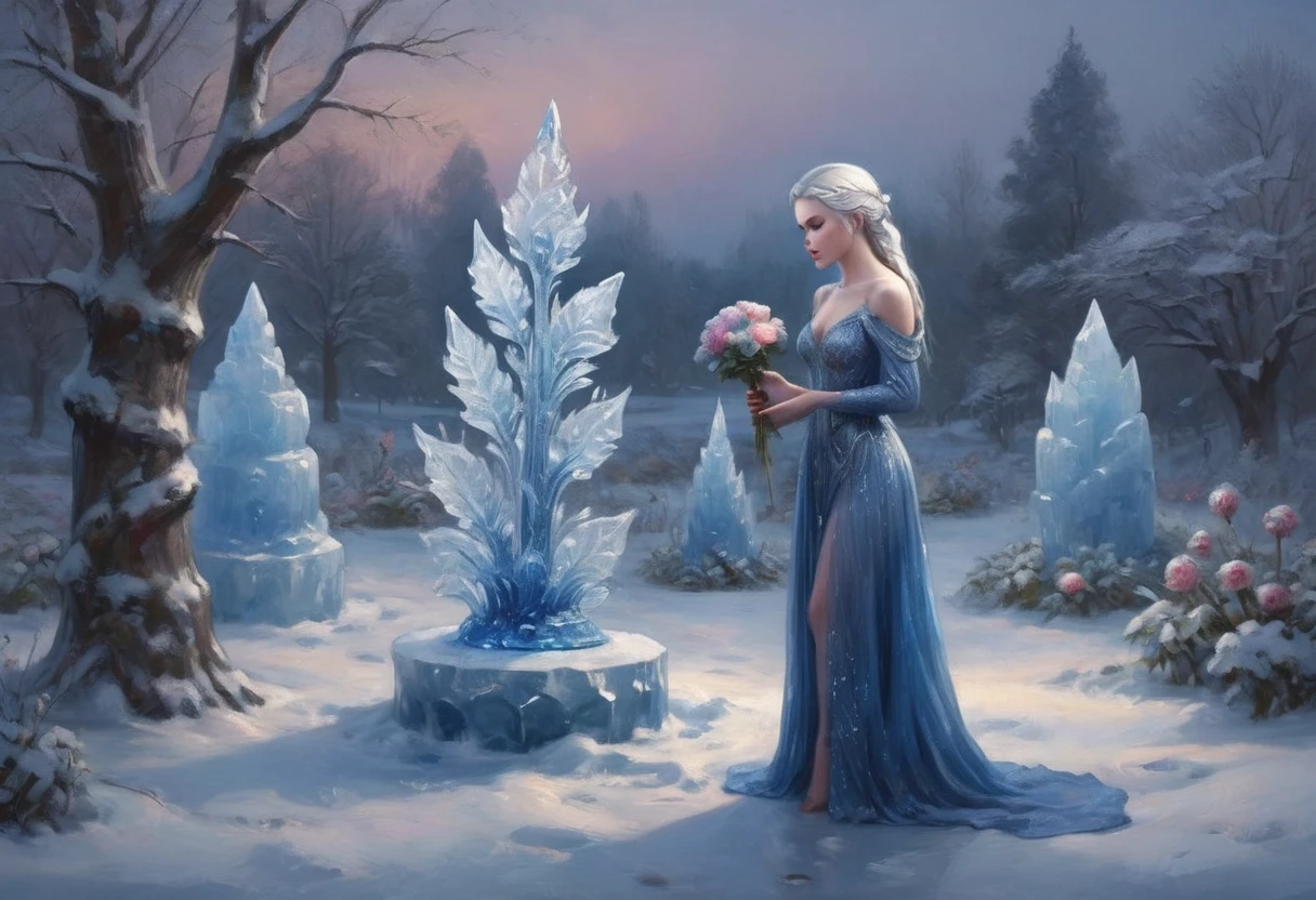 A cute ice elf woman with blue skin, deep blue eyes, pointy ears, waist length pale hair, wearing a sapphire sequin sparkling sheer night gown, inspecting her ice sculpture flower garden in a snow landscape at twilight, (best quality,4k,8k,highres,masterpiece:1.2),ultra-detailed,(realistic,photorealistic,photo-realistic:1.37),detailed ice sculpture flowers,snowy landscape,ethereal lighting,fantasy,magical,cinematic