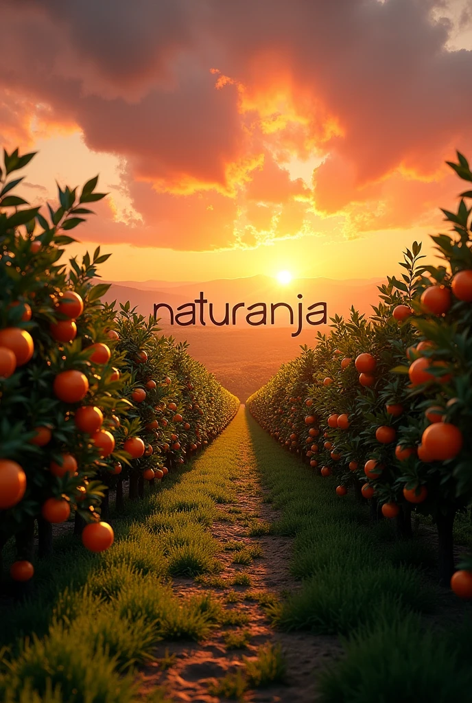 Give me an image of orange orchards with a deep perspective and a sunset in the background and the word in the middle that says “NATURANJA”
