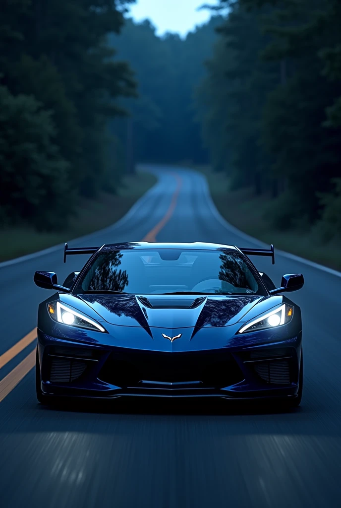 A midnight blue corvette wiper on road night 