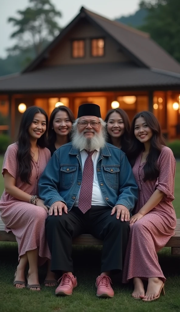 A 60 year old Asian man, wear a black Muslim cap, wear a jacket and tie and trousers, wearing leather shoes, sit down, smile facing the camera, Beside him there are 6 beautiful Indonesian women, his body is quite fat, fair skin, big nose, long wavy hair, wearing a denim jacket, long pants, wearing pink sneakers, sit down, happy face facing the camera, in front of the country house, evening atmosphere, minimal defects, very detail, realistic, 8K picture