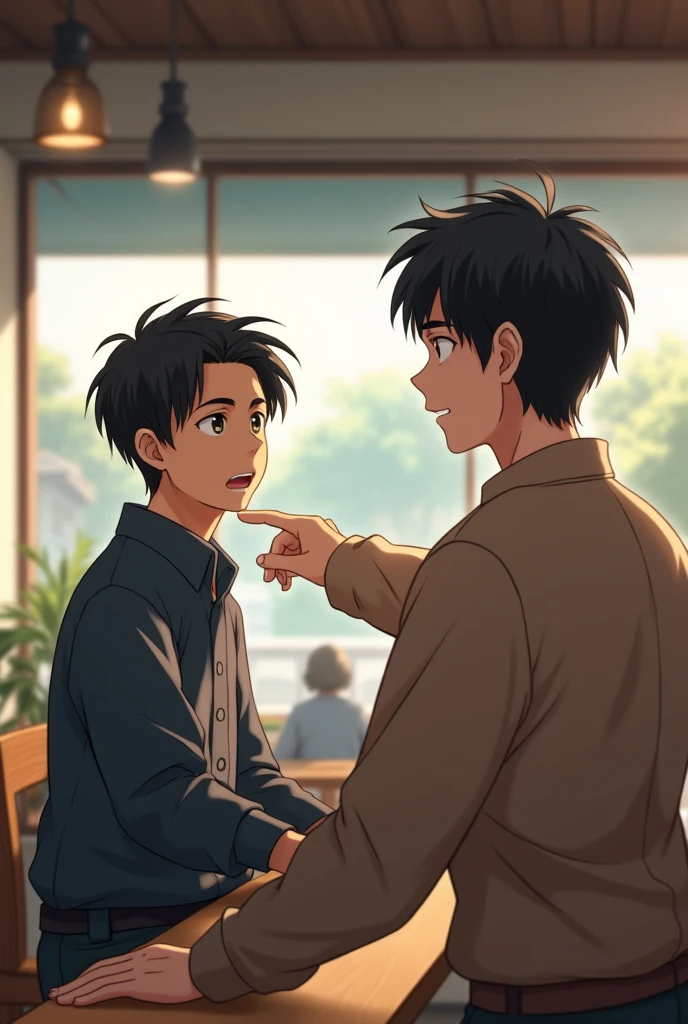 A realistic scene set in a modern Japanese café during the day. The first Japanese man is sitting with his friend, both in their mid-20s. The friend, with a concerned look, is pointing over the protagonist’s shoulder. The main character looks confused and slightly worried, unaware of what his friend is pointing at. The background is a typical café interior, with natural lighting and modern décor, ensuring the scene remains grounded and realistic.
