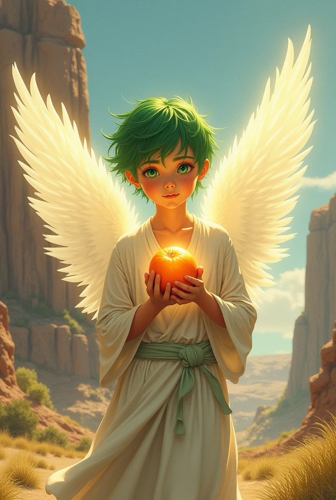 I would like a 1 boy with short green hair, wearing a white outfit resembling a tunic. He has a radiant glow around him, feathered wings on his back, holding a orange. and green eyes.I would like it to be in a mature style, with the art in a fantasy and RPG style set in the Old West.