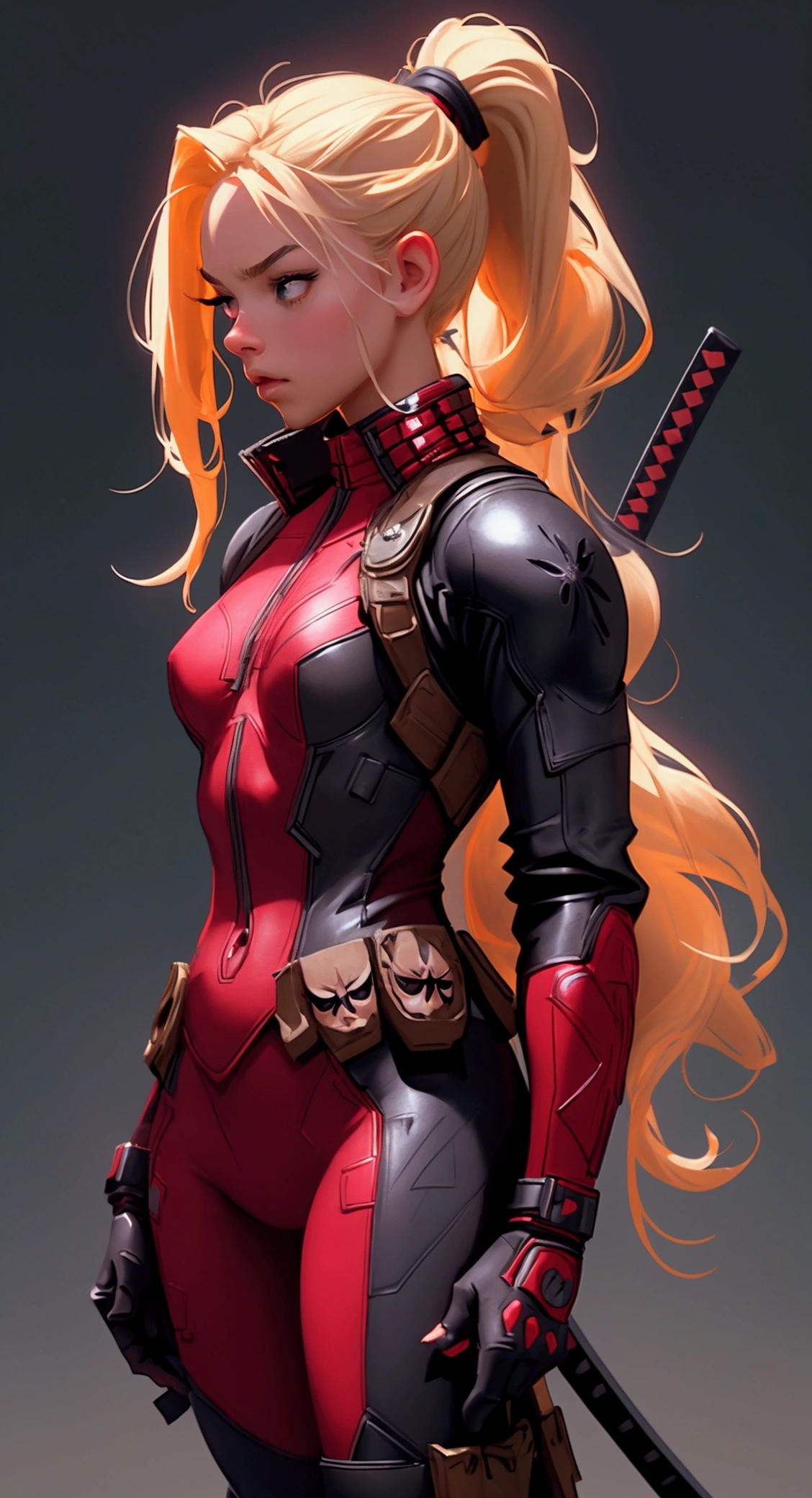 envision a 8k, highres, cinematic, full body design of an American girl with long blonde hair in a ponytail in a deadpool suit with katanas against a dark gray background