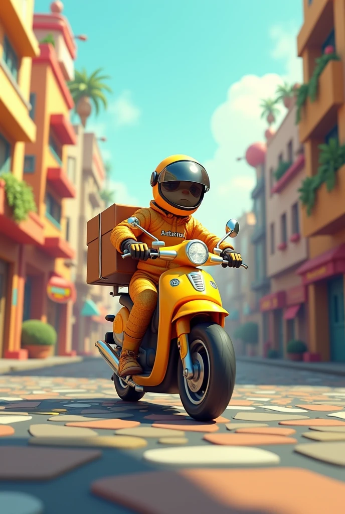 Creates driver with motorcycle, in golden clothes making delivery, not uniform written Fut_Storesz11, Disney pixel 3D Drawing style
