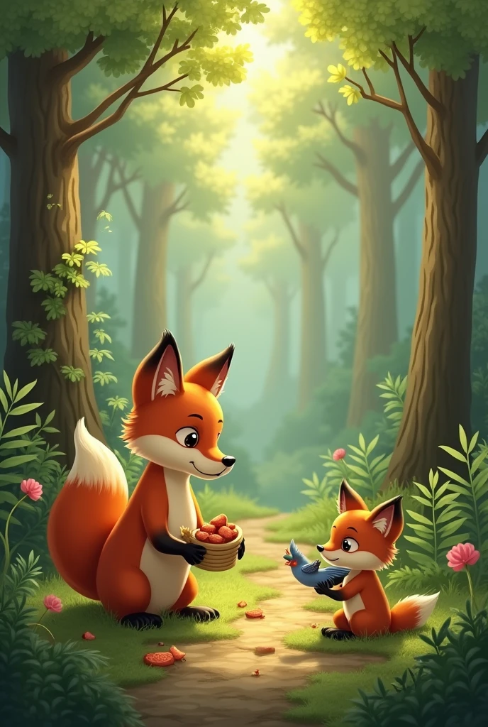 The fox is now seen helping other animals in the forest, like carrying food or assisting a bird with a broken wing.