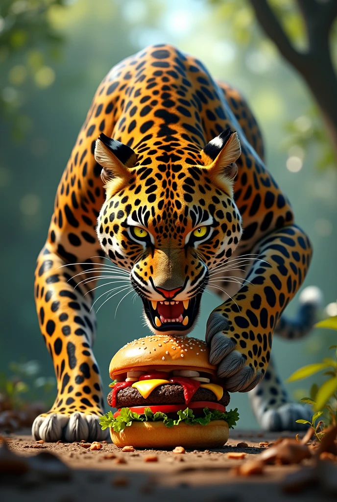 Leopard eating hamburger 