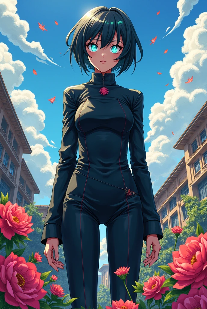 Female 1m85 tall ,iridescent eyes ,toc trắng ngắn ,cold personality,quirk:flower control drawing in the style of My Hero Academia