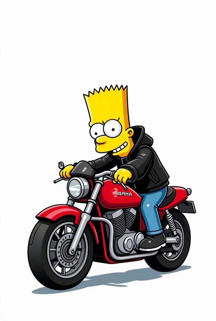 Bart Simpson drives a red motorcycle, dressed in blue pants and a black jacket, all drawn in the original Simpson style and on a white background