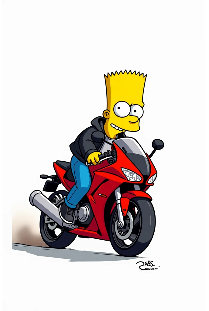 Bart Simpson drives a red motorcycle, dressed in blue pants and a black jacket, all drawn in the original Simpson style and on a white background