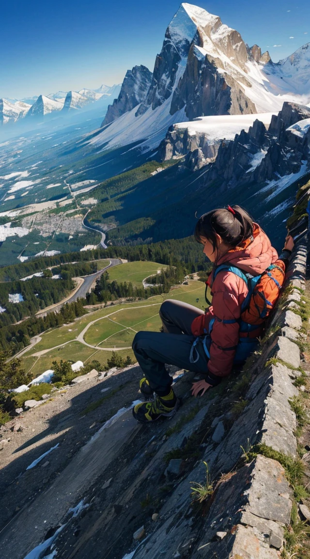 (masterpiece : 1.4), best quality. 

highest quality, masterpiece, Highly detailed background, Majestic Mountain々Back view of a girl climbing a hill, ((Winter mountaineer style clothing)), A person stretching out in the sunlight shining in from the mountaintop, Beautiful landscape in earth tones, A Hopeful Outlook, Expressions that give viewers a gentle feeling, Focus on the landscape、Make portrait smaller..

 AddXL