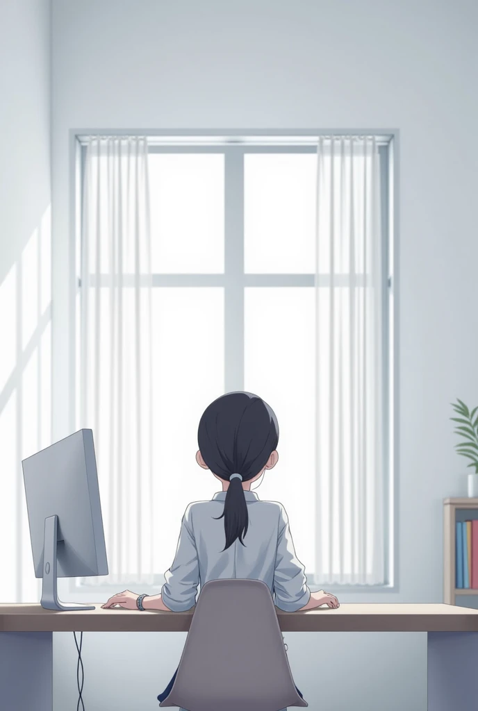 (ponytail forehead hair pulled back:1.3), (black hair:1.3), anime girl sitting in a chair with a computer in a white room and window, anime style, from girls frontline, fine details. girls frontline, girls frontline universe, girls frontline style, girls frontline, girls frontline cg, 2 0 2 2 anime style, 2022 anime style, pixiv contest winner, concept art 2022,