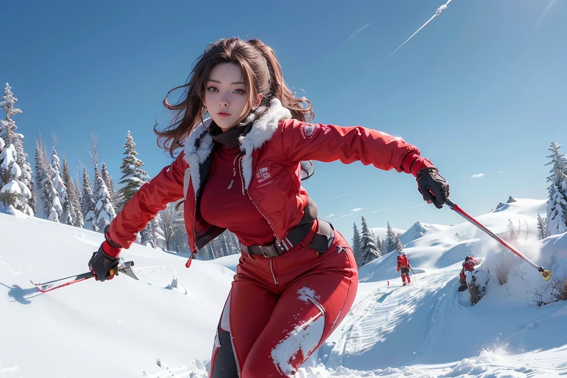 ((masterpiece, highest quality, Highest image quality, High resolution, photorealistic, Raw photo, 8K)), ((Extremely detailed CG unified 8k wallpaper)), (huge stunning goddess shot, very hot and sexy, jaw-dropping beauty, perfect proportions, beautiful body, slim body beauty:1.4), ray tracing, NVIDIA RTX, super resolution, unreal 5, A female skier in a red jacket slides down a snowy slope, contrasting the white snowfield and blue sky, a dynamic sports photo,