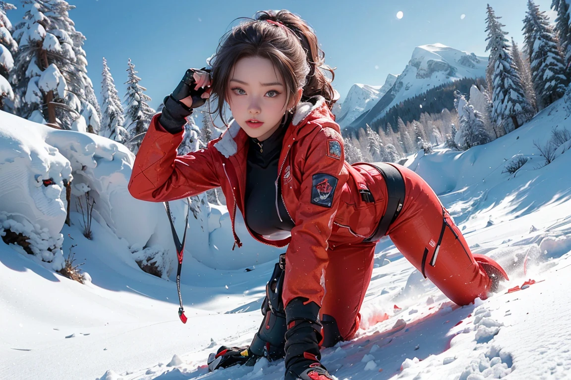 ((masterpiece, highest quality, Highest image quality, High resolution, photorealistic, Raw photo, 8K)), ((Extremely detailed CG unified 8k wallpaper)), (huge stunning goddess shot, very hot and sexy, jaw-dropping beauty, perfect proportions, beautiful body, slim body beauty:1.4), ray tracing, NVIDIA RTX, super resolution, unreal 5, A female skier in a red jacket slides down a snowy slope, contrasting the white snowfield and blue sky, a dynamic sports photo,