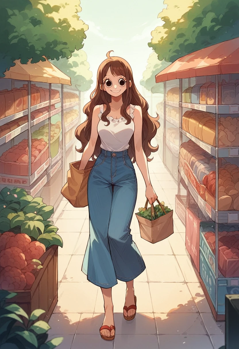 anime beautiful girl 10th generation women Long Hair smile Big Eyes High nose Brown Hair Sandals one piece Shopping sunny sun In town Are standing
