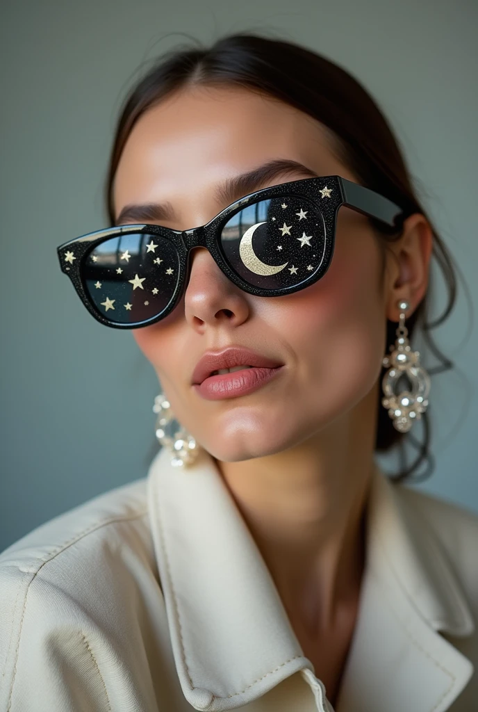 The model is wearing glass sunglasses with stars and the moon on the glass