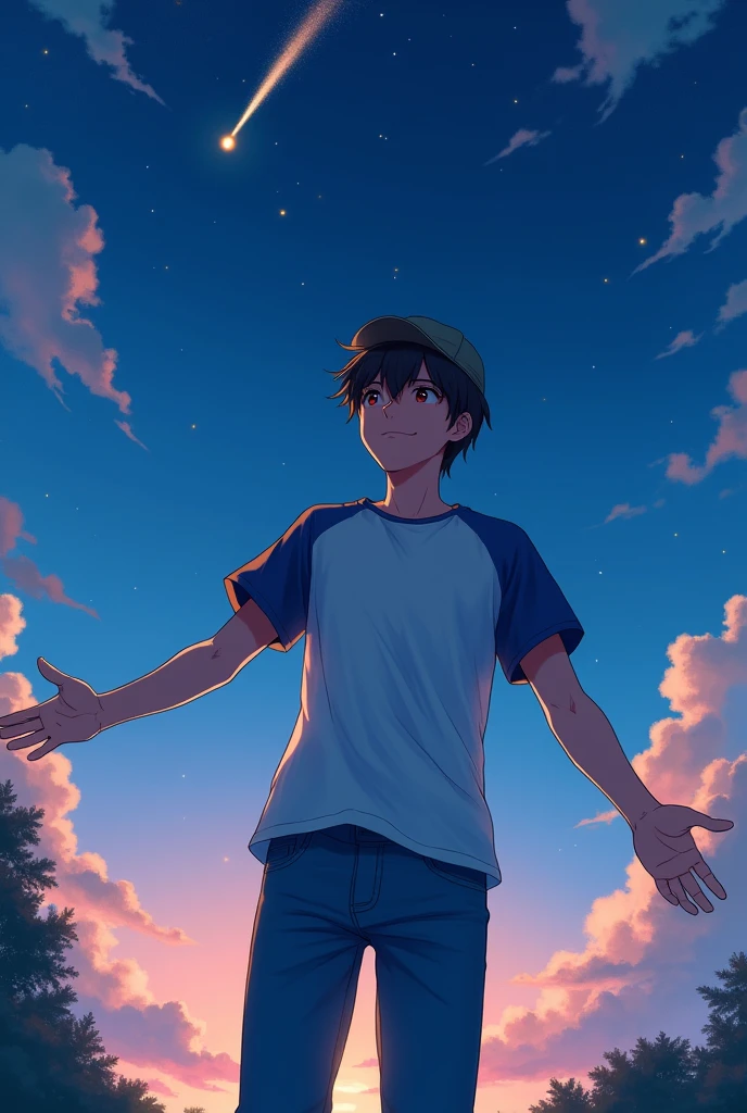 (Ash_pokemom)(Brown eyes, black hair, blue and white t-shirt with jeans, hat ) (1)
, readiant smile, in the light of the moon, anime realistic , star , handsome guy , magic moment, 4k , only our , beautiful night, shooting star, smile, smile , looking front , look ahead , arms outstretched