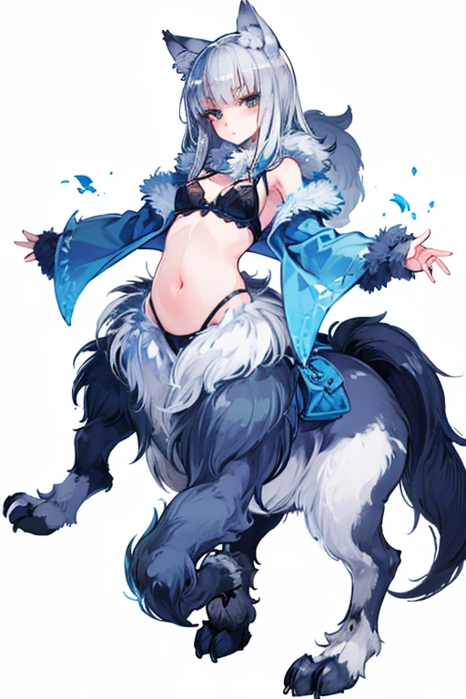 Wolf Girl、Quadrupedal、Two arms and four wolf legs、Small breasts、Only the belly is exposed、bra、whole body、Silver fur、Silver Hair、Wolf Ears