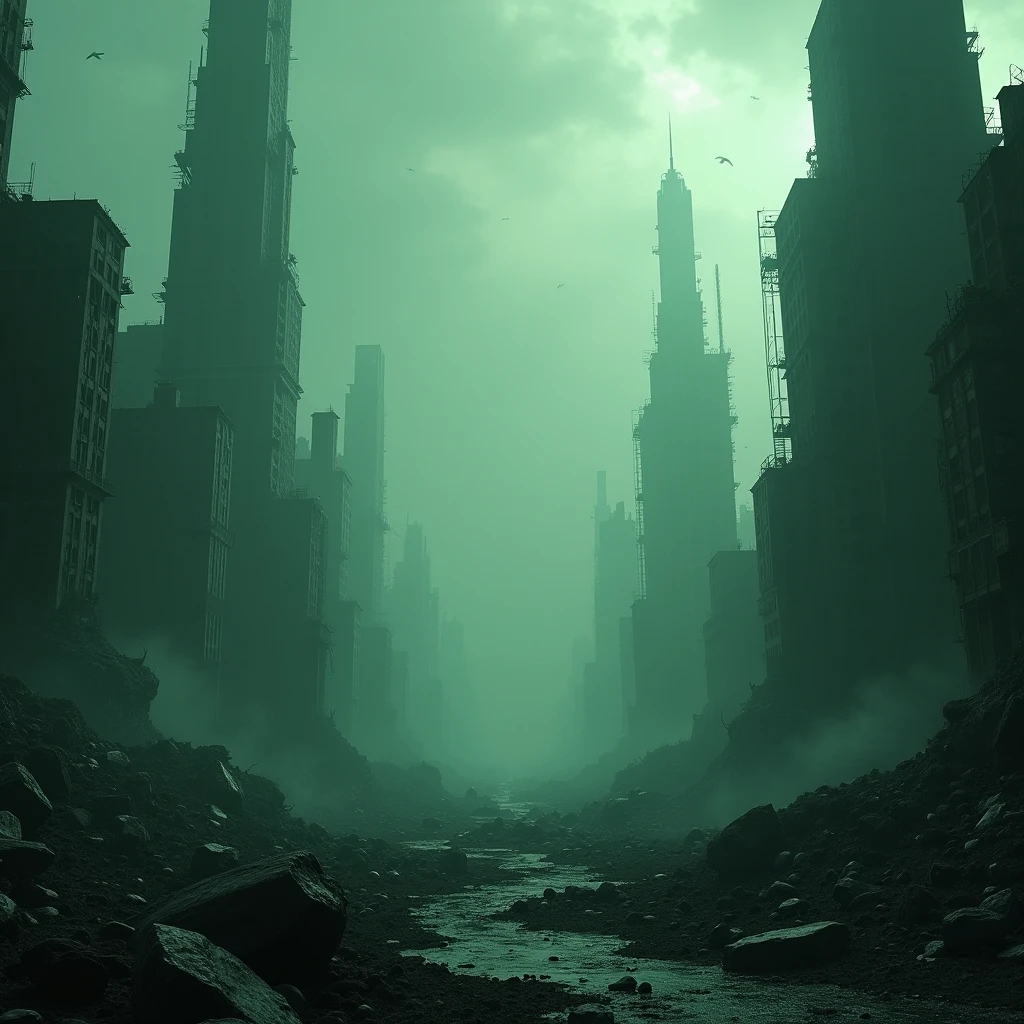"An ultra-realistic depiction of a devastated, ultrafuturistic cityscape in ruins, bathed in dark, muted green and black hues reminiscent of 'Matrix'. The scene should feature a vast, desolate landscape filled with towering, crumbling skyscrapers and massive, eerie debris—remnants of a cataclysmic war between machines and humans. The atmosphere is thick with a cold, oppressive silence, evoking deep feelings of emptiness, solitude, and despair, embodying the essence of 'Midnight Oblivion'. The sky is clouded, with faint beams of light piercing through, barely illuminating the desolate ruins below. Subtle elements of digital decay and glitches flicker across the scene, enhancing the sense of a reality on the brink of collapse. The environment should evoke the unsettling feeling of being trapped in a liminal space, a place where time and existence itself feel distorted and forgotten."
