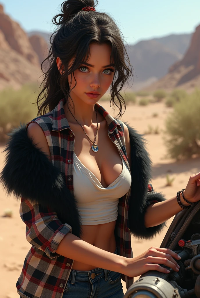 women, small breasts, white top, black fur, blue eyes, plaid shirt rolled up to the waist, Buttonless denim shorts, fixing car, desert, heat, sweat