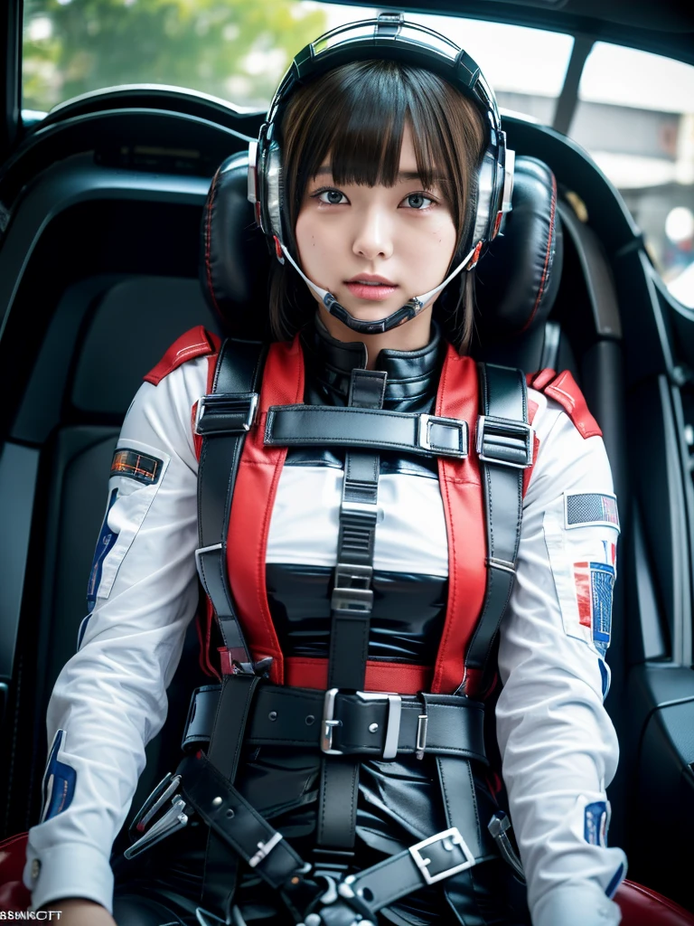 masterpiece, Highest quality, Very detailed, Japanese Android girl, Beautiful 2 Japanese woman, Plump,Slightly thicker,Control panel,Android,cyborg,Blunt bangs,Sitting in the cockpit and piloting,Orange spacesuit,Thick harness belt,Full-face helmet