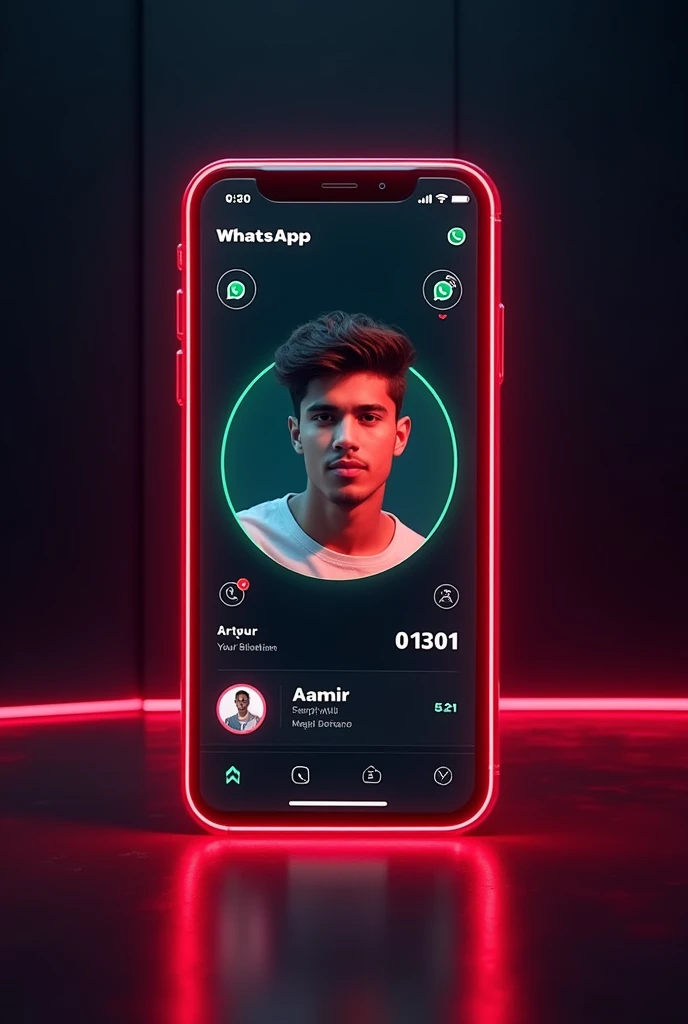A digital card displaying a WhatsApp with a similar design to the provided the reference image.The card should feature a young person's portrait a circular frame on the left side, with the WhatsApp logo and the text your WhatsApp name Aamir and your followers on the right side.The card should have a neon red outline and a dark background, similar to the reference image.