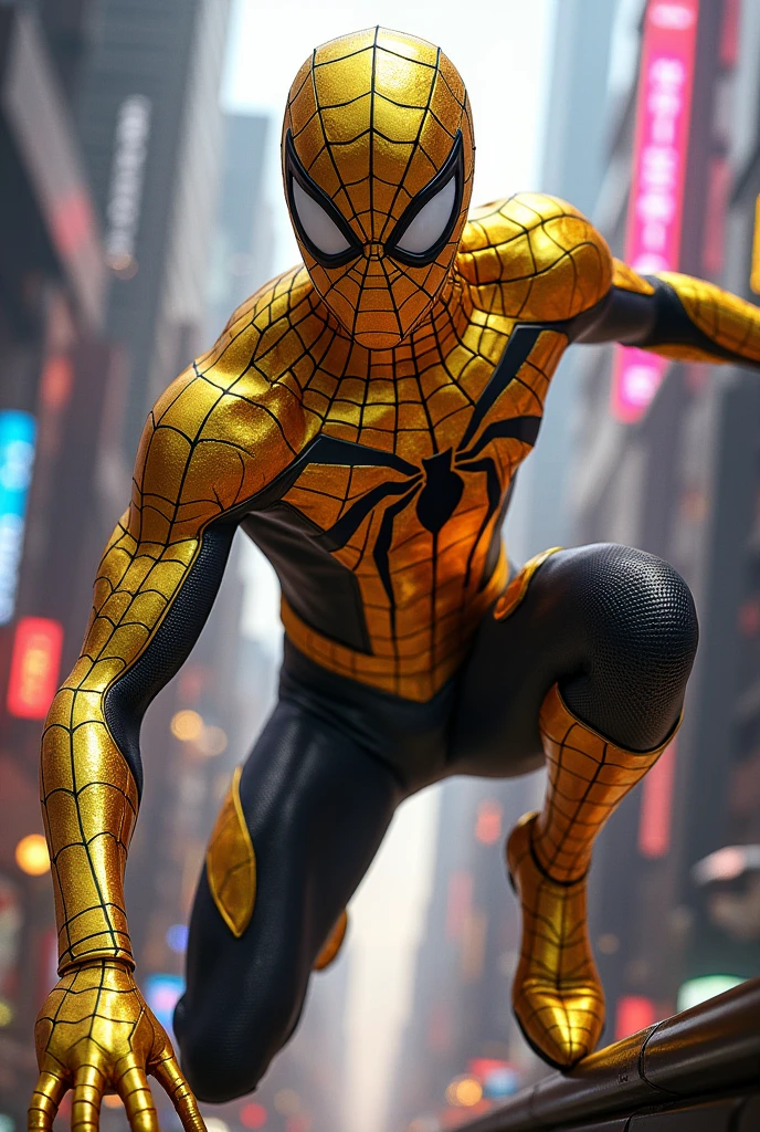 Spider man cyberpunk golden glossy suit with futuristic