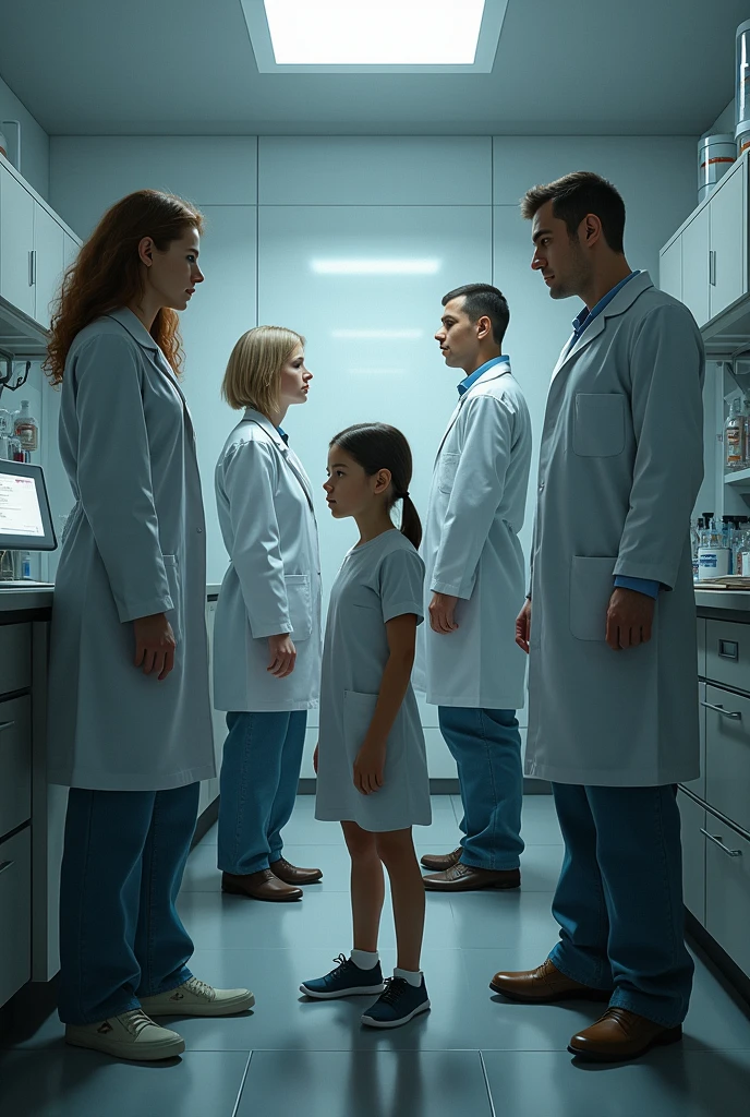 Create a picture with 3 scientists ( 1 female, 2 male), 1 male scientist (antagonist) and 2 parents ( father is not a scientist & mother is a scientist) and teenage daughter with her clone (human clone), total in the picture should be 7 people in the poster