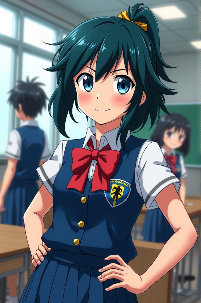 Create a Boku No My Hero Academia style character,with mullet haircut,blue-eyed female,He is wearing the UA uniform and in the background he is taking a class with Izuku and Uraraka.