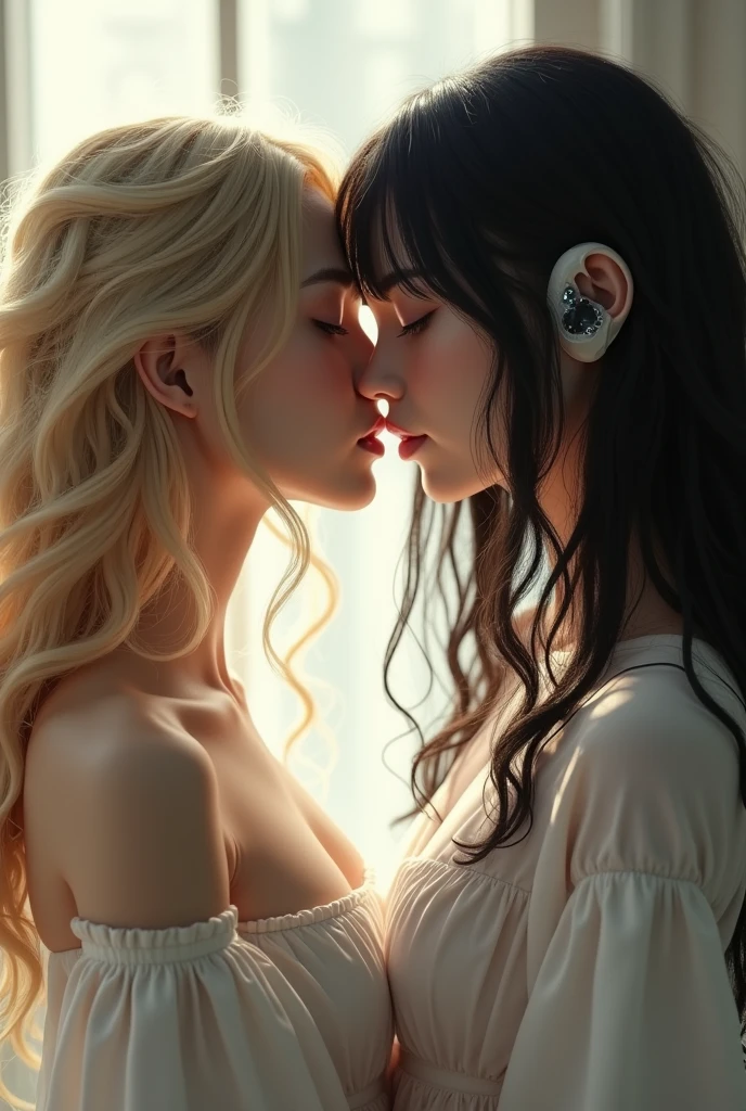 (photorealism:1.2), beautiful blonde haired woman kiss black haired android girl