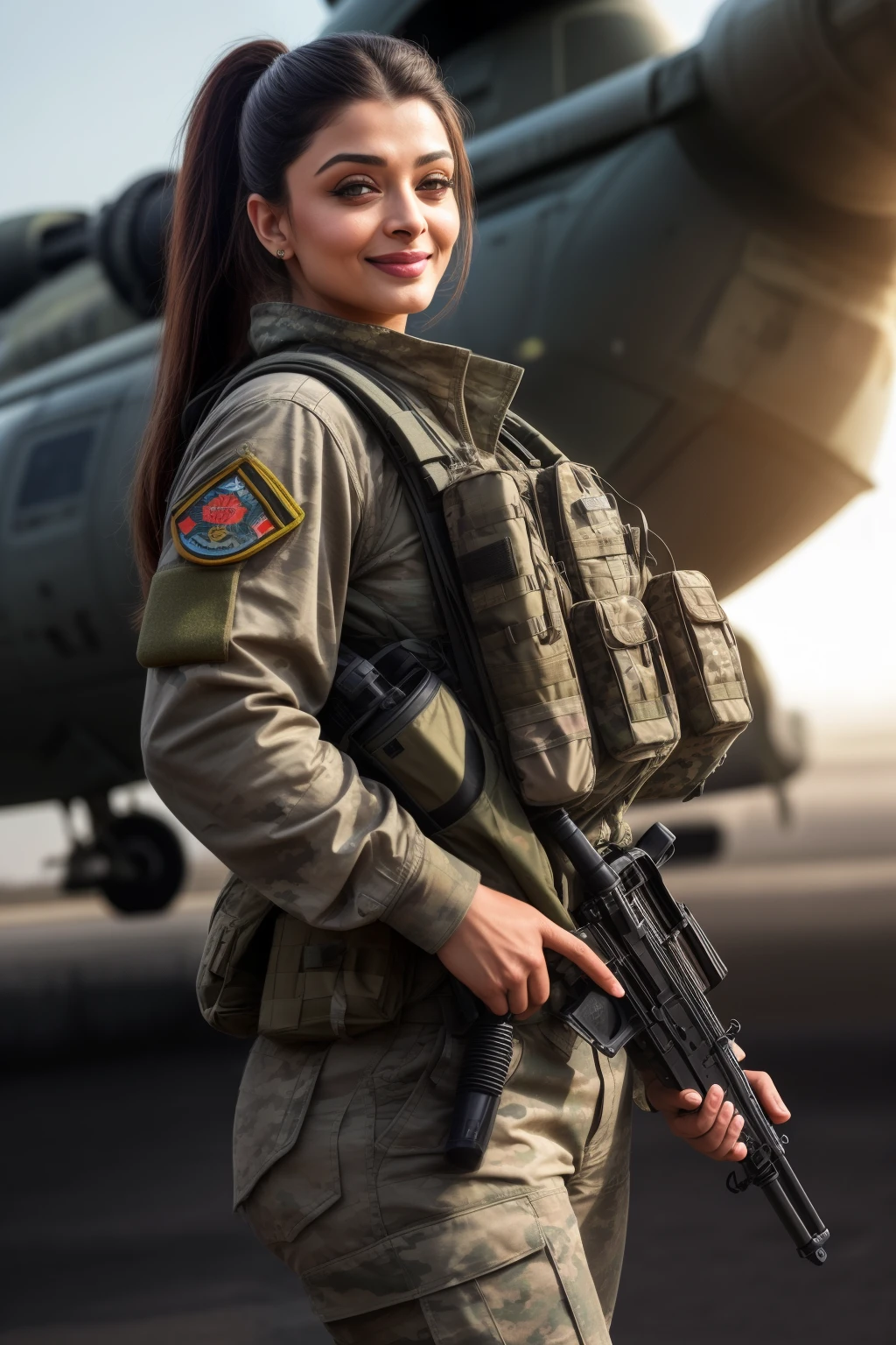 Full body photo of 50YO AISHWARYA RAI as ARMY LADY, WEARING FULL ARMY GEAR, COMBAT BOOTS, COMBAT GLOVES, KNEEPADS, CAMO PLATE CARRIER RIG, intricate details, depth of field, standing next to army helicopter, ((MOCKING SMILE)), PONYTAIL TIED HAIR, day scene, mature hourglass figure, look straight at camera, sexy 50 yo mature MILF, soft volumetric lights, intricate details, (ArtStation:1.2)