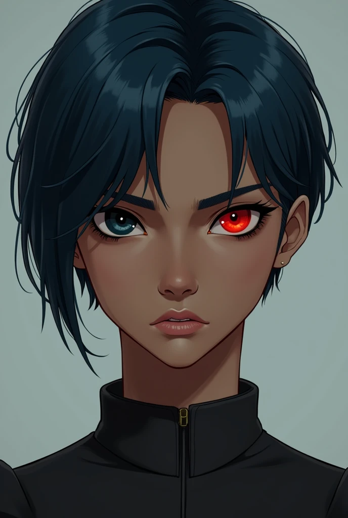 Create a girl with a man&#39;s haircut, that your hair color is dark blue ,that he has a serious expression and that his eye colors are one red and one black, that your skin is brown 

