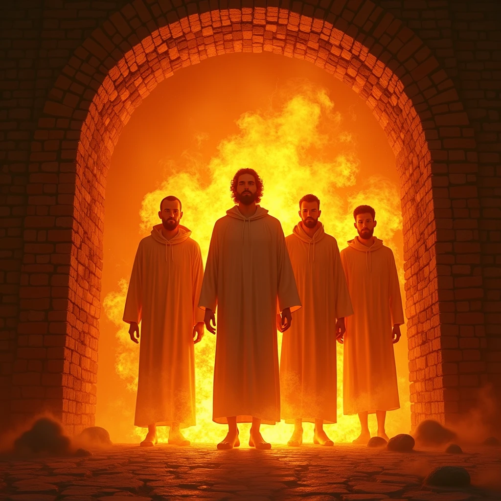 4 men inside a fiery furnace without getting burned, brick furnace