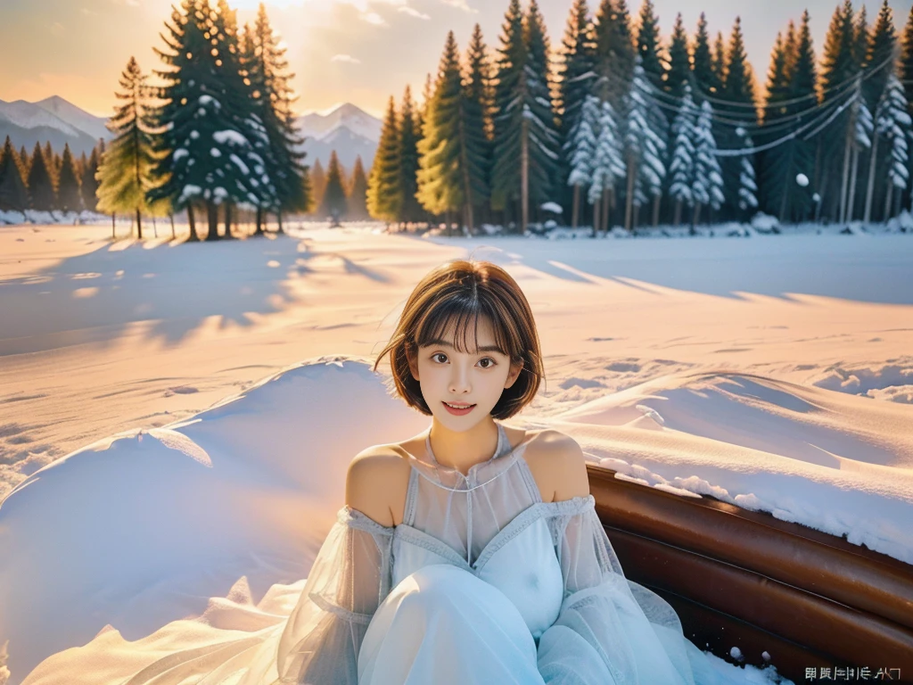 (Coniferous forest covered with heavy snow in the background，Blizzard，Without sunlight，Gray atmosphere:1.2)，Extreme Clarity，A beautiful，Sexy，High Detail，8K resolution，Clear eyes，Smile，(Brown short hair)，Perfect facial features，(Wooden window frames)，（A full-body photo with a furry hat），(emphasize，里面穿着Light blue transparent花卉吊带衫，Light blue transparent:1.5），individual，Half-length photo