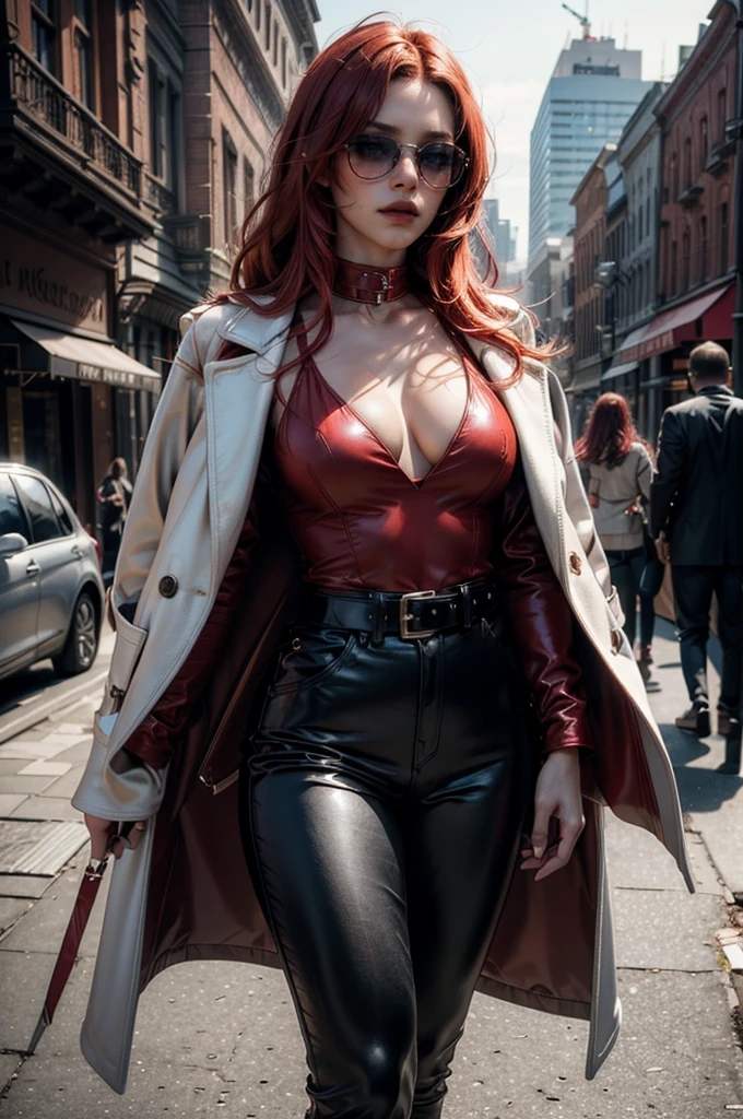 a beautiful young celebrity woman with long flowing red hair, lora_Emma, wearing high-quality high-waisted leather pants and a formal white top with a plunging neckline, a elaborate decorative waist belt, a red coat draped over her shoulders, coat on shoulders, and red-tinted sunglasses, walking outdoors in a city setting, (best quality,4k,8k,highres,masterpiece:1.2),ultra-detailed,(realistic,photorealistic,photo-realistic:1.37),cinematic lighting,highly detailed,intricate details,dramatic pose,striking expression,vibrant colors,natural shadows,elegant,fashionable