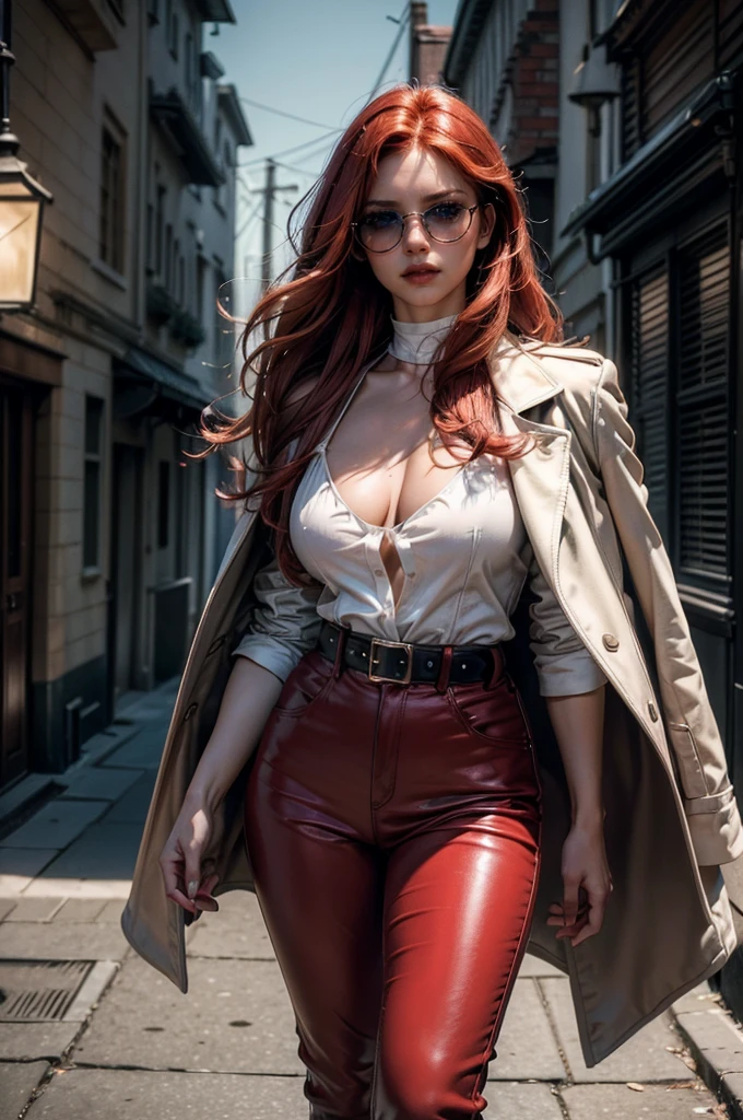 a beautiful young celebrity woman with long flowing red hair, lora_Emma, wearing high-quality high-waisted leather pants and a formal white top with a plunging neckline, a elaborate decorative waist belt, a red coat draped over her shoulders, coat on shoulders, and red-tinted sunglasses, walking outdoors in a city setting, (best quality,4k,8k,highres,masterpiece:1.2),ultra-detailed,(realistic,photorealistic,photo-realistic:1.37),cinematic lighting,highly detailed,intricate details,dramatic pose,striking expression,vibrant colors,natural shadows,elegant,fashionable