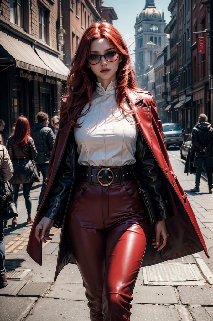 a beautiful young celebrity woman with long flowing red hair, lora_Emma, wearing high-quality high-waisted leather pants and a formal white top with a plunging neckline, a elaborate decorative waist belt, a red coat draped over her shoulders, coat on shoulders, and red-tinted sunglasses, walking outdoors in a city setting, (best quality,4k,8k,highres,masterpiece:1.2),ultra-detailed,(realistic,photorealistic,photo-realistic:1.37),cinematic lighting,highly detailed,intricate details,dramatic pose,striking expression,vibrant colors,natural shadows,elegant,fashionable