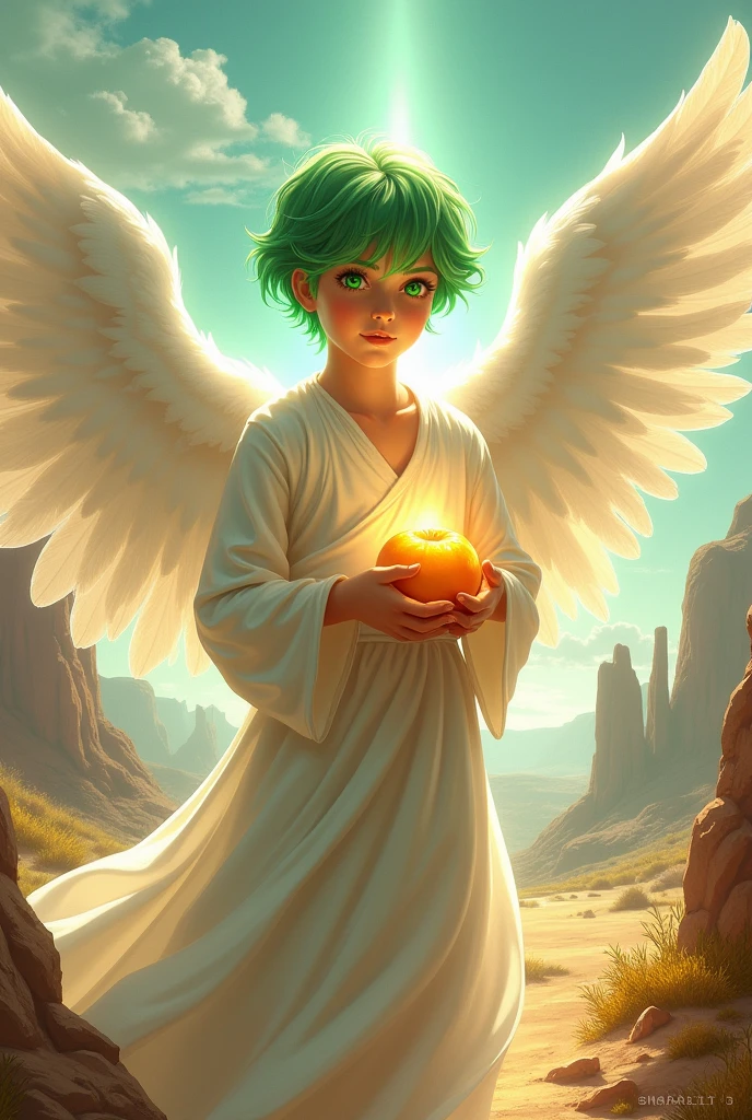 I would like a 1 boy with short green hair, wearing a white outfit resembling a tunic. He has a radiant glow around him, feathered wings on his back, holding a orange. and green eyes.I would like it to be in a mature style, with the art in a fantasy and RPG style set in the Old West.
