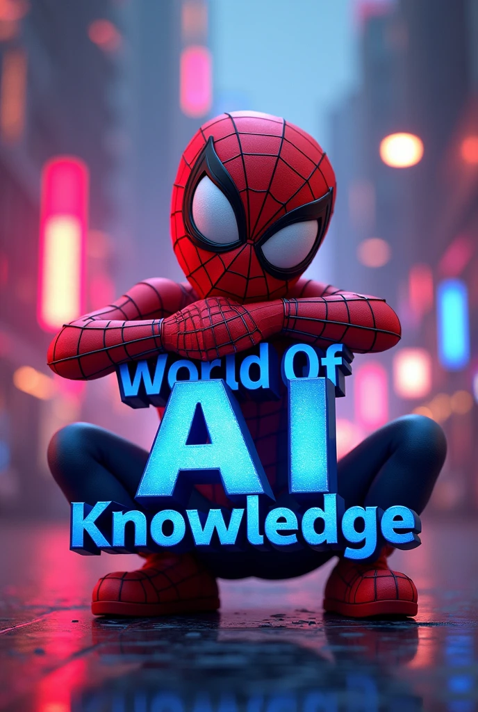 Please create for me a stunning YouTube cover image featuring a fun and humorous Spider-Man hugging the clearly visible text in the center of the frame that says World of AI Knowledge