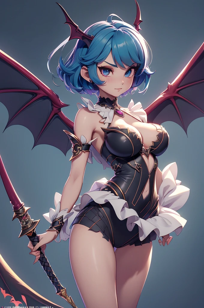 Mini Morrigan Aensland, (Morrigan Aensland), standing alone, ray tracing, 3D style, 3DMM, ((oses per photo)), ((oses au cada foto)), fully body,(from front view),(Costas Issue), (Emist on the left), show flat belly, (((oses per photo))),(very big breastsperfect ass, perfect and symmetrical eyes, (perfect handuturistic sword in hand)), ((short hair)),white clothing with textured edges, skin fair, luauas detalhadas, White thigh-high tights with trim, auestido aberto au "au", Waist slender, big legs, low water, Show legs to the top of the waist, ,((top with rip in the middle)),ultra realistic skin, realistic human eyes,ultra realistic skin,super sexy suit,(faixas au torno dos seios), colorfully,top with ruffles,(pubis with a lot of volume),(extrauamente sensual),(very sensual),(taua vermelho e preto),(((giant bat wings))),with bat wings,I love the league,(meia calca de renda au um dos lados),(meia calca de renda au um dos lados),((bold ornaments)),vincos bau marcados, opening to the waist, side slits to the waist