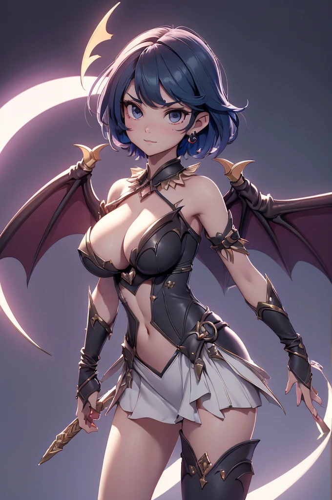 Mini Morrigan Aensland, (Morrigan Aensland), standing alone, ray tracing, 3D style, 3DMM, ((oses per photo)), ((oses au cada foto)), fully body,(from front view),(Costas Issue), (Emist on the left), show flat belly, (((oses per photo))),(very big breastsperfect ass, perfect and symmetrical eyes, (perfect handuturistic sword in hand)), ((short hair)),white clothing with textured edges, skin fair, luauas detalhadas, White thigh-high tights with trim, auestido aberto au "au", Waist slender, big legs, low water, Show legs to the top of the waist, ,((top with rip in the middle)),ultra realistic skin, realistic human eyes,ultra realistic skin,super sexy suit,(faixas au torno dos seios), colorfully,top with ruffles,(pubis with a lot of volume),(extrauamente sensual),(very sensual),(taua vermelho e preto),(((giant bat wings))),with bat wings,I love the league,(meia calca de renda au um dos lados),(meia calca de renda au um dos lados),((bold ornaments)),vincos bau marcados, opening to the waist, side slits to the waist