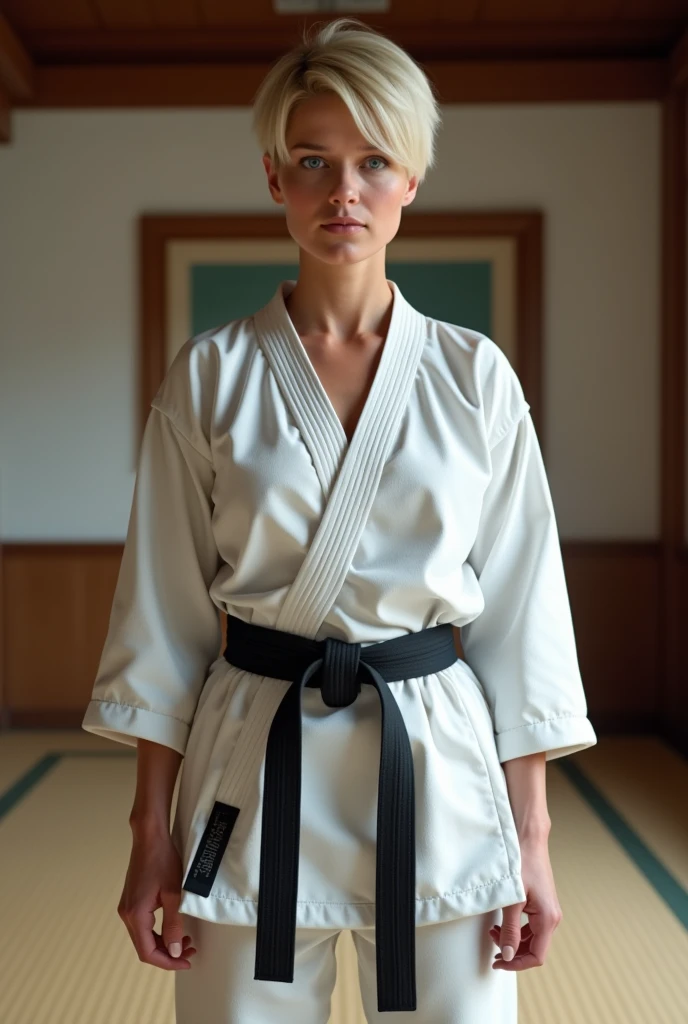 Front view , Full- body, Scottish woman, 30 years-old, (blond hair , blue eye, short cut, serious), (middle Breasts, Wide Hips) ,((Karate White clothes, Karate White underwear, Black obi:1.3)), At the Karate Dojo, Standing on tatami mat, Textured skin ((Surrealism, Fujicolor, Fujifilm, UHD, retina, masterpiece, accurate, anatomically correct, textured skin, super detail, high details, high quality, best quality, 8k)) , ((super detail, high details, high quality, accurate, anatomically correct, textured skin, beautiful fingers super detail, high details, high quality, best quality))