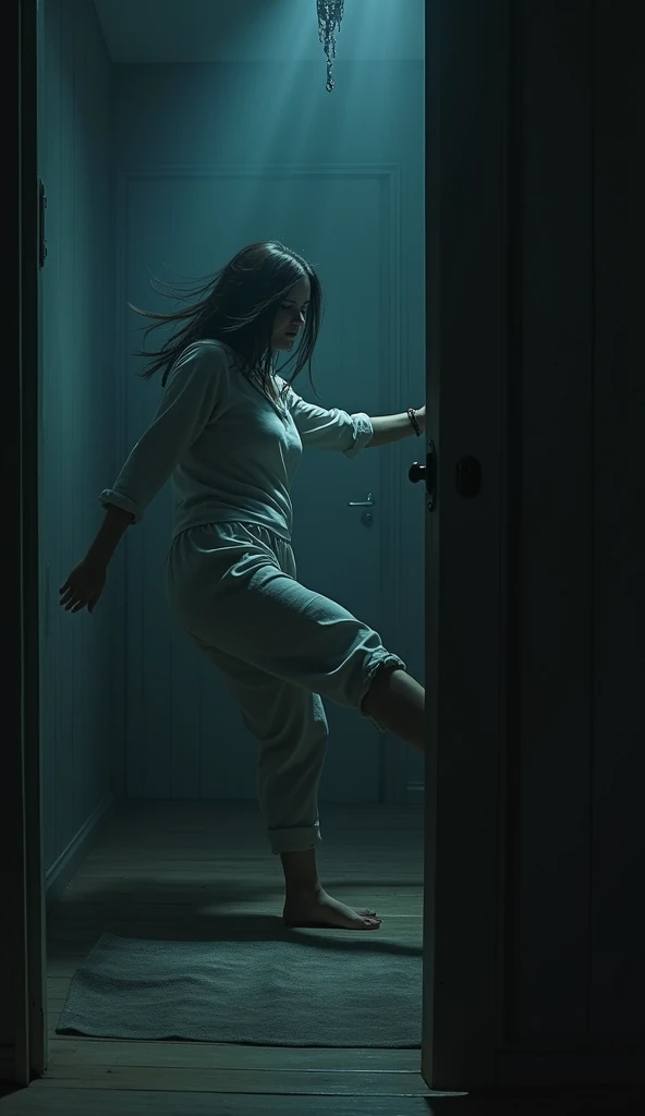 in a dark room, with standard wooden FLOOR, a brunette woman with straight hair, with 1,65m tall, is in the middle of an intense fight on the ground. She wears basic pajamas, now crumpled and dirty, as she desperately defends herself from a mysterious shadow in the shape of a man who tries to dominate her. cel shadow, with hazy contours and a terrifying presence, seems almost intangible, but still palpable enough to pose a deadly threat.
The woman, with an expression of pure despair and determination, gathers his last strength and lands a violent kick in the shadow's stomach, making her retreat momentarily. The impact, despite being against something seemingly ethereal, looks surprised and weakened, as if a woman's willpower could actually affect him. The dry sound of the kick echoes through the room, which is only dimly illuminated by a flickering light, projecting distorted shadows on the walls and intensifying the atmosphere of fear and uncertainty.
As tension reaches its peak, making it clear that it is a battle for survival against something beyond human comprehension.