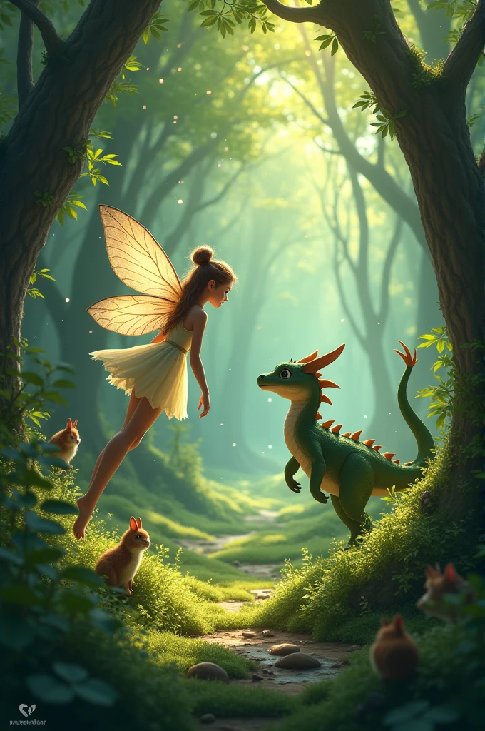 Once upon a time, in a magical forest, there lived a little fairy named Rosie. Rosie had shiny wings that sparkled like the stars in the sky. She loved exploring the forest and making friends with the woodland creatures. One sunny morning, as Rosie flew among the tall trees, she heard a soft whimper coming from behind a bush. Curious, she flew closer and discovered a tiny baby dragon, all alone and scared.