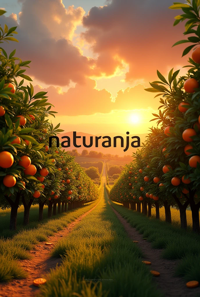 Give me an image of orange orchards with a deep perspective and a sunset in the background and the word in the middle that says “NATURANJA” that stands out and draws attention 