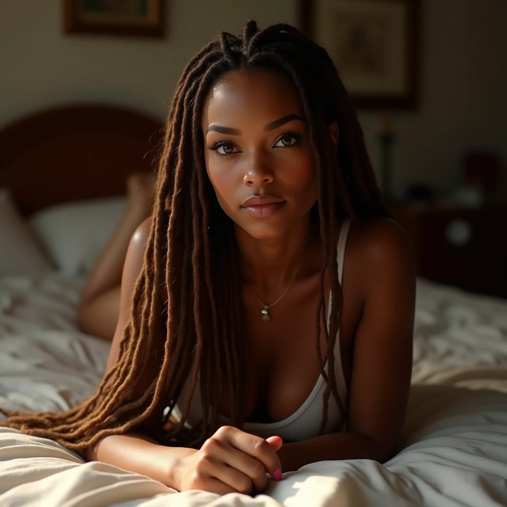 A stunningly beautiful African American woman with long brown dreadlocks with highlights on the ends in underclothes in a bed looking sexy & sensual, realistic